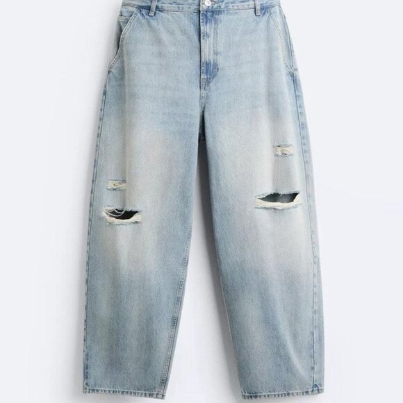 Zara Men Blue 100% Cotton Relaxed Baggy Fit Y2K Distressed Jeans Size 32 - Picture 2 of 13